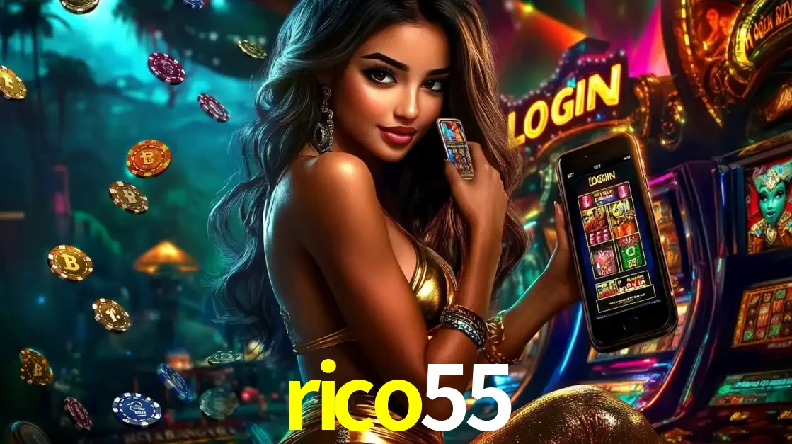 Mulher em um cenário de cassino temático de aventura, mostrando o app de caça-níqueis da rico55 no celular. Fichas de apostas flutuam ao redor.