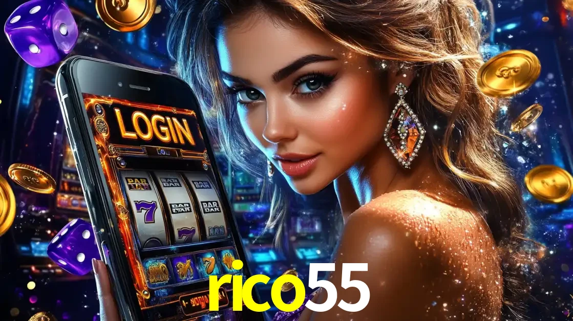 Mulher glamorosa segurando um smartphone com a tela de login para os jogos de caça-níqueis do cassino online rico55, com moedas de ouro e dados ao redor.