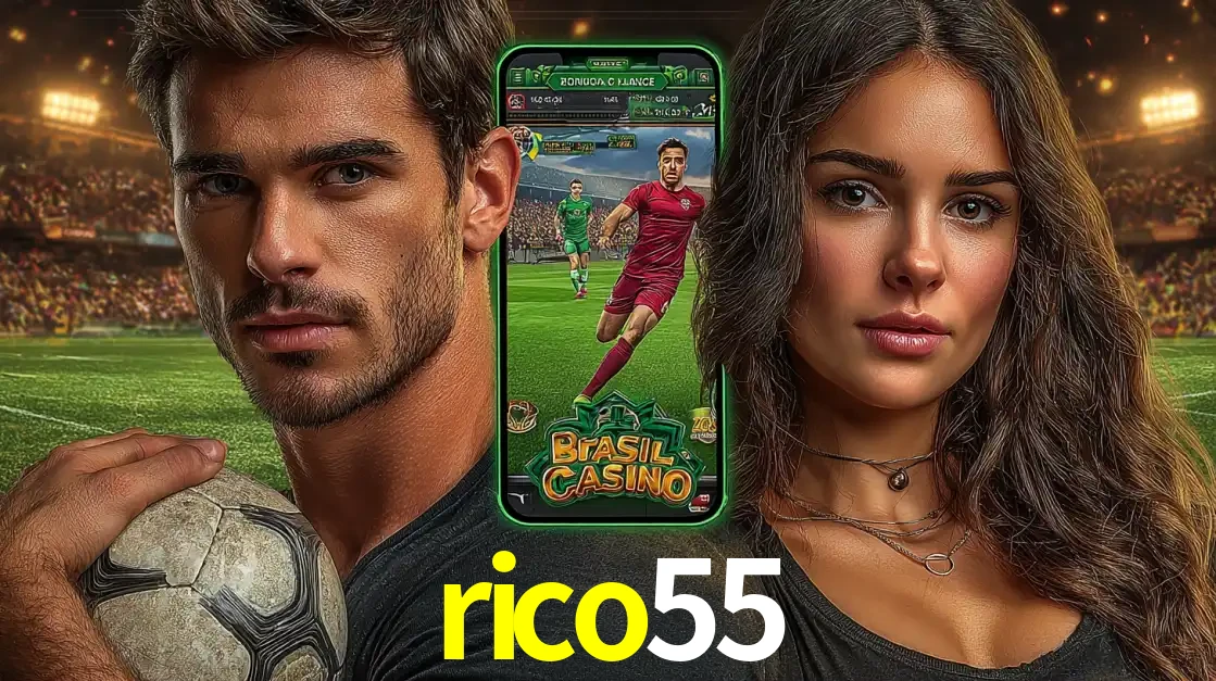 Homem segurando uma bola de futebol e uma mulher ao lado de um smartphone exibindo o jogo de apostas esportivas da rico55. Faça seu palpite no cassino online.